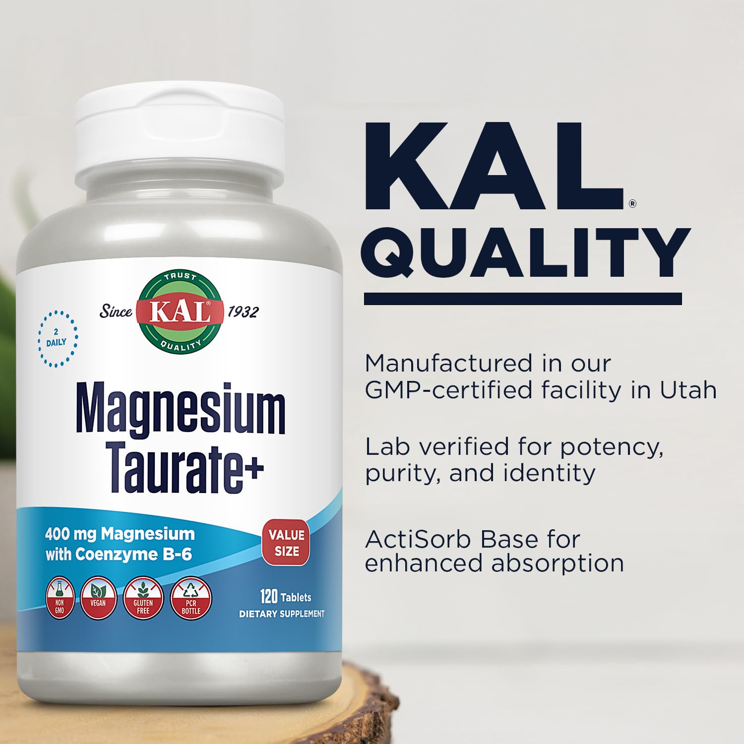 KAL Magnesium Taurate 400mg Plus Vitamin B6, Chelated Magnesium Supplement, High Absorption Magnesium Complex, Muscle and Heart Health Support, Vegan, Gluten Free, - Maple Wellness Supplements