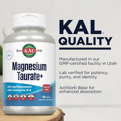 KAL Magnesium Taurate 400mg Plus Vitamin B6, Chelated Magnesium Supplement, High Absorption Magnesium Complex, Muscle and Heart Health Support, Vegan, Gluten Free, - Maple Wellness Supplements