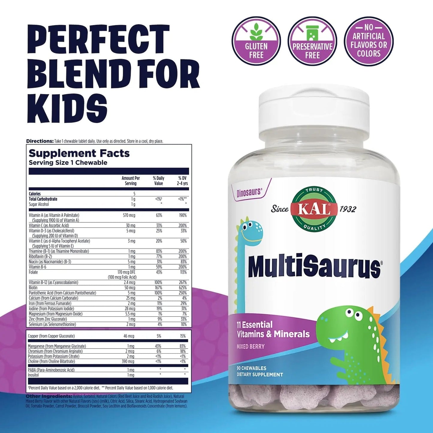 KAL MultiSaurus Kids Chewable Multivitamins, 11 Essential Vitamins and Minerals for Kids, Mixed Berry Flavor, Gluten and Preservative Free - Maple Wellness Supplements