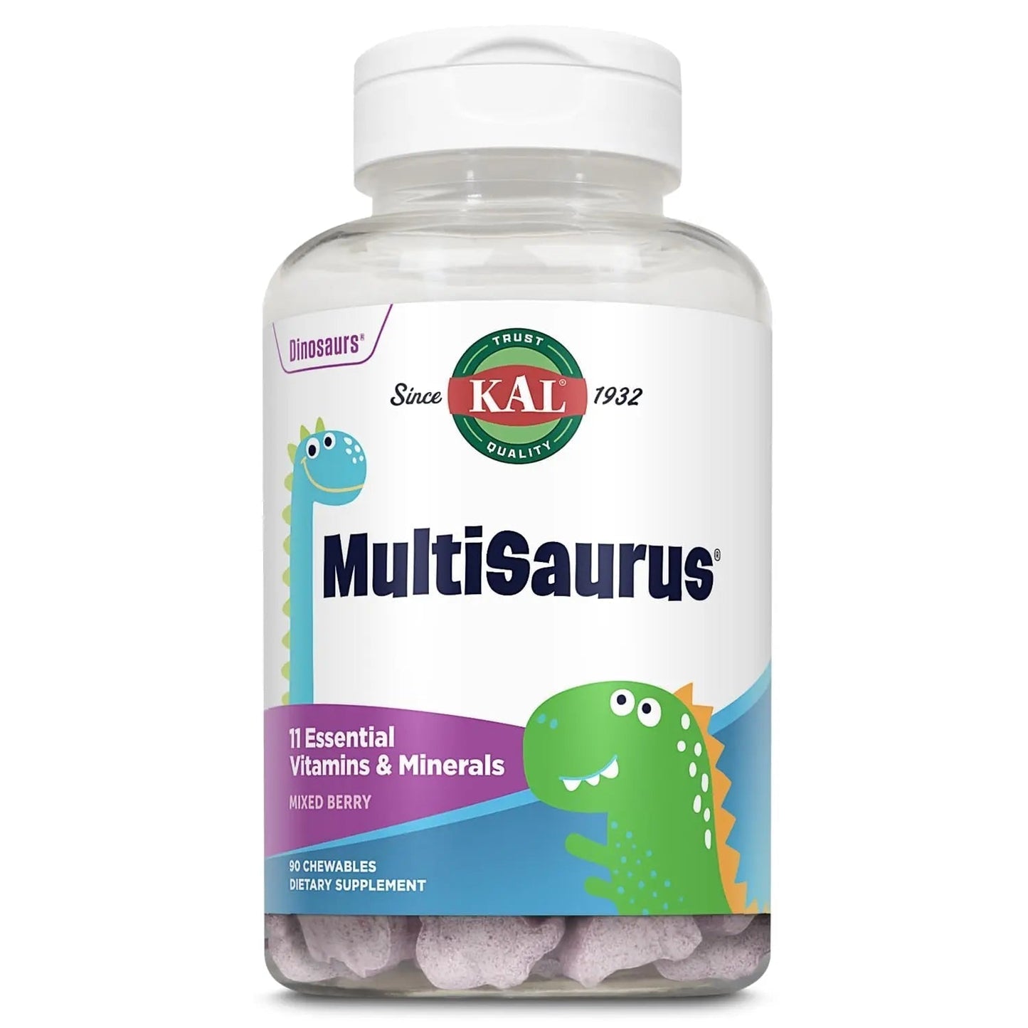 KAL MultiSaurus Kids Chewable Multivitamins, 11 Essential Vitamins and Minerals for Kids, Mixed Berry Flavor, Gluten and Preservative Free - Maple Wellness Supplements