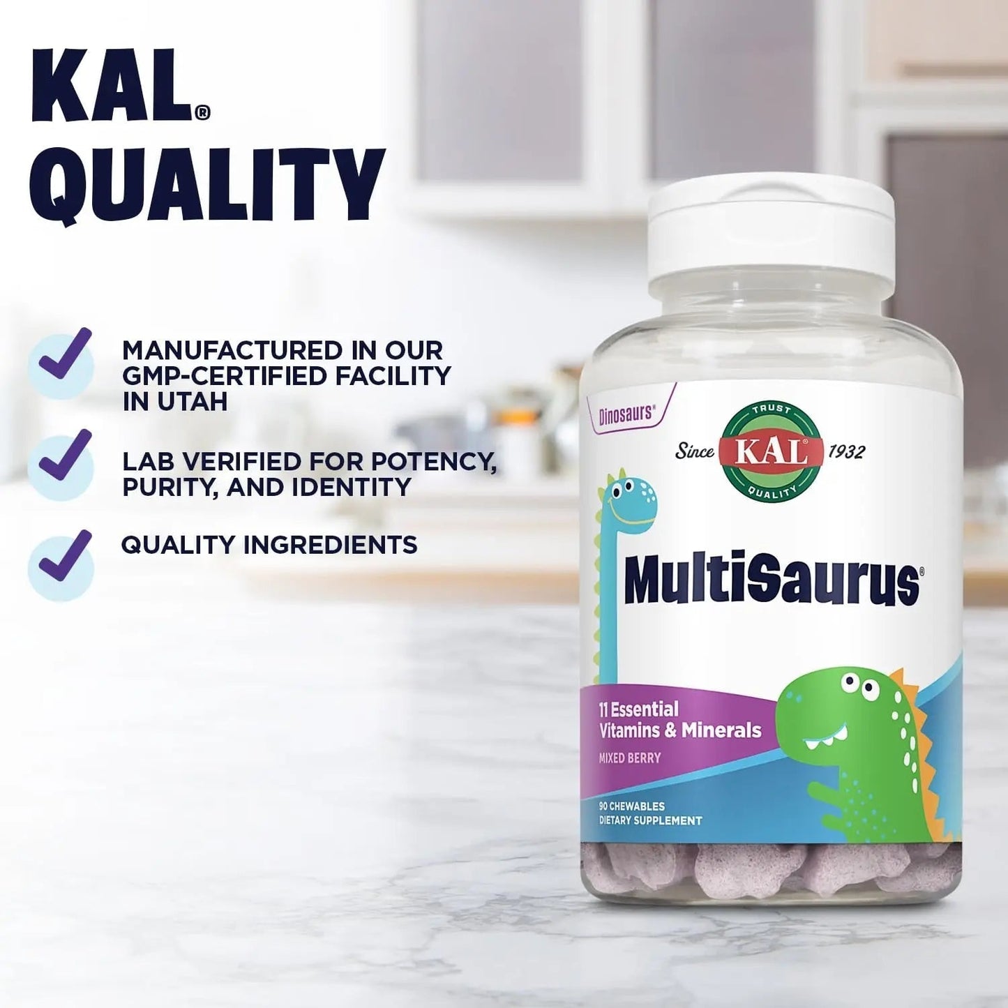 KAL MultiSaurus Kids Chewable Multivitamins, 11 Essential Vitamins and Minerals for Kids, Mixed Berry Flavor, Gluten and Preservative Free - Maple Wellness Supplements
