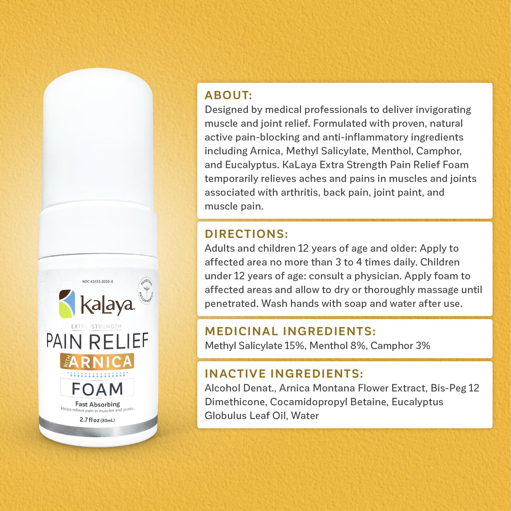 Kalaya Naturals Extra Strength Pain Relief Foam with Arnica - Supports Pain Relief in Muscle & Joints (2.7 Ounces) - Maple Wellness Supplements