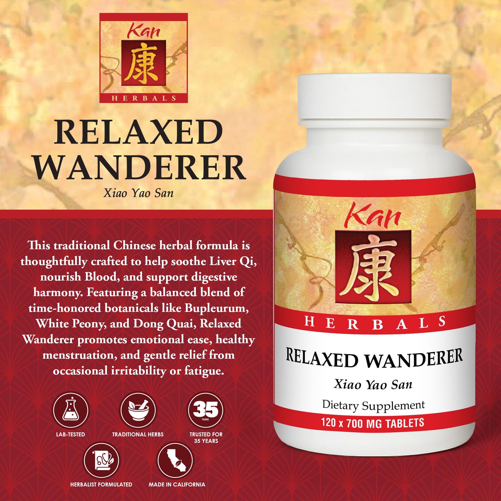 Kan Herbs Company Relaxed Wanderer – Traditional Chinese Herbal Formula to Support Mood, Digestion, and Menstrual Balance, Nourishes Blood, Eases Occasional Tension and Fatigue, 120 Tablets - Maple Wellness Supplements