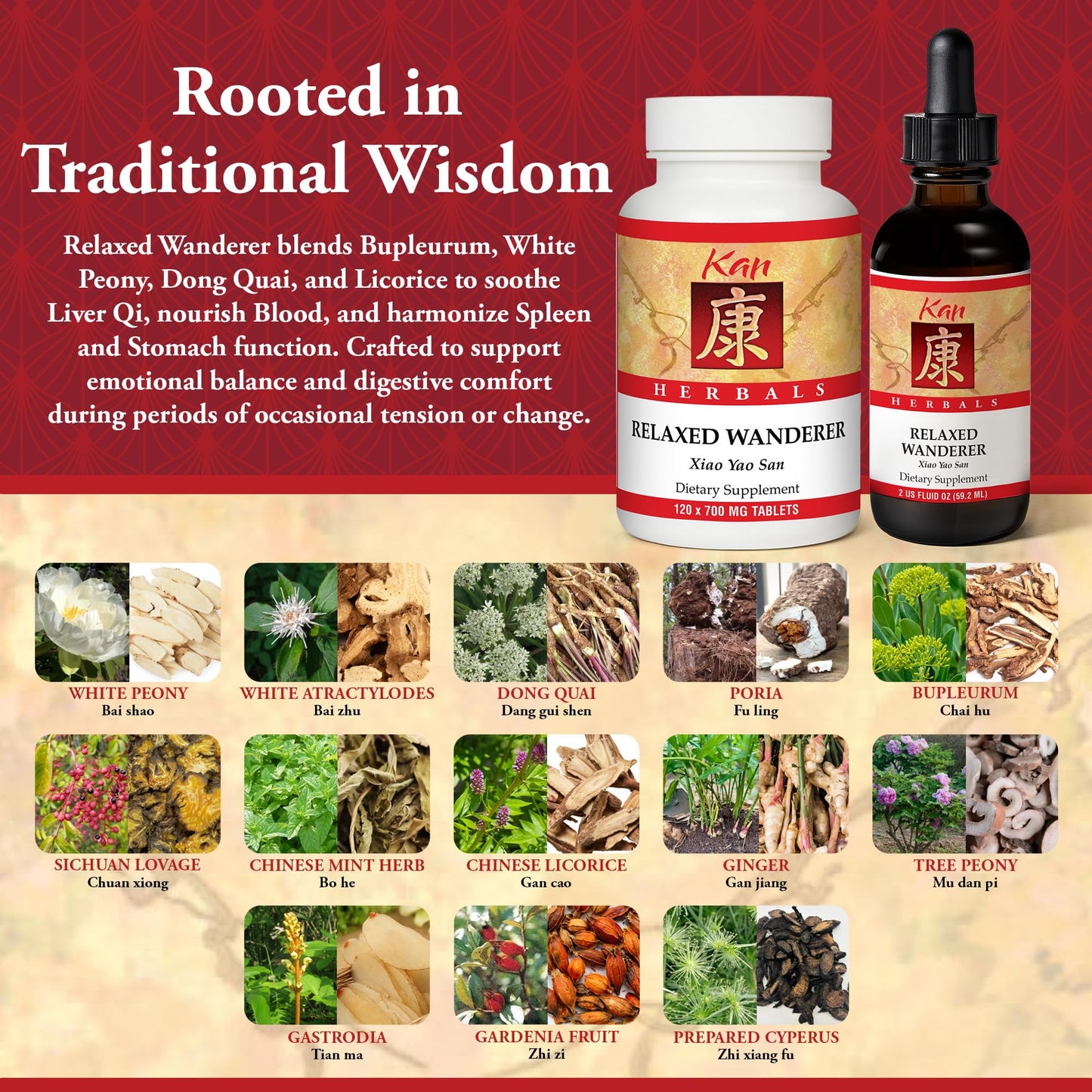 Kan Herbs Company Relaxed Wanderer – Traditional Chinese Herbal Formula to Support Mood, Digestion, and Menstrual Balance, Nourishes Blood, Eases Occasional Tension and Fatigue, 120 Tablets - Maple Wellness Supplements