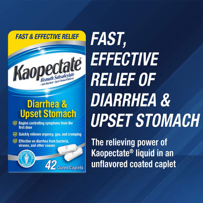 Kaopectate Multi-Symptom Anti-Diarrheal & Upset Stomach Reliever, 42 Caplets, Anti Diarrhea Caplets - Maple Wellness Supplements