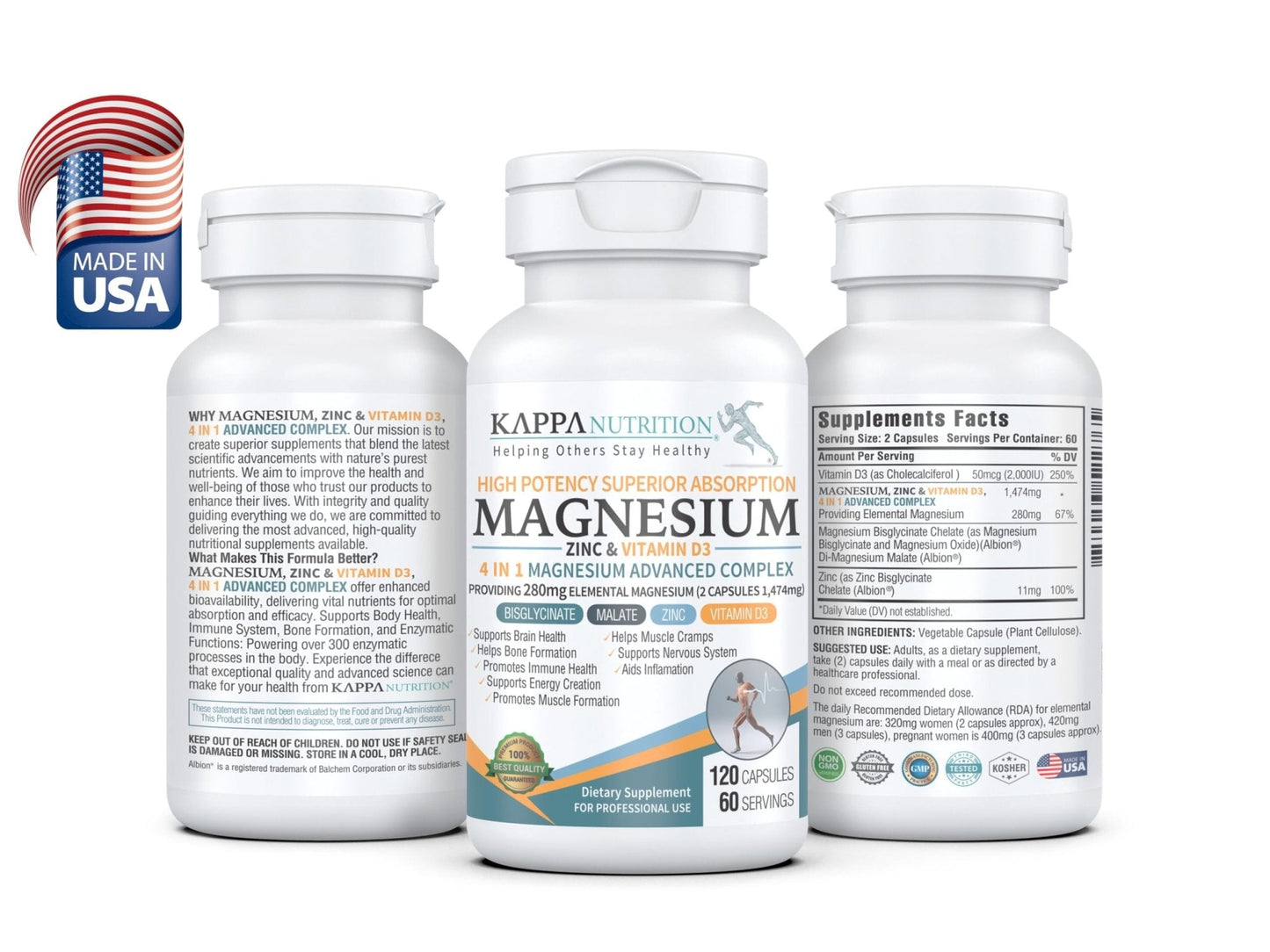 Kappa Nutrition Magnesium 4-in-1, 280mg Elemental Magnesium (Bisglycinate, Malate) + Zinc & Vitamin D3, Brain, Sleep, Energy, Muscle, Immune Support, 120 Vegan Capsules. - Maple Wellness Supplements