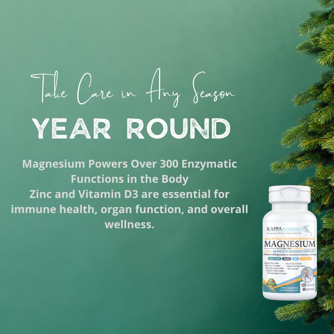 Kappa Nutrition Magnesium 4-in-1, 280mg Elemental Magnesium (Bisglycinate, Malate) + Zinc & Vitamin D3, Brain, Sleep, Energy, Muscle, Immune Support, 120 Vegan Capsules. - Maple Wellness Supplements