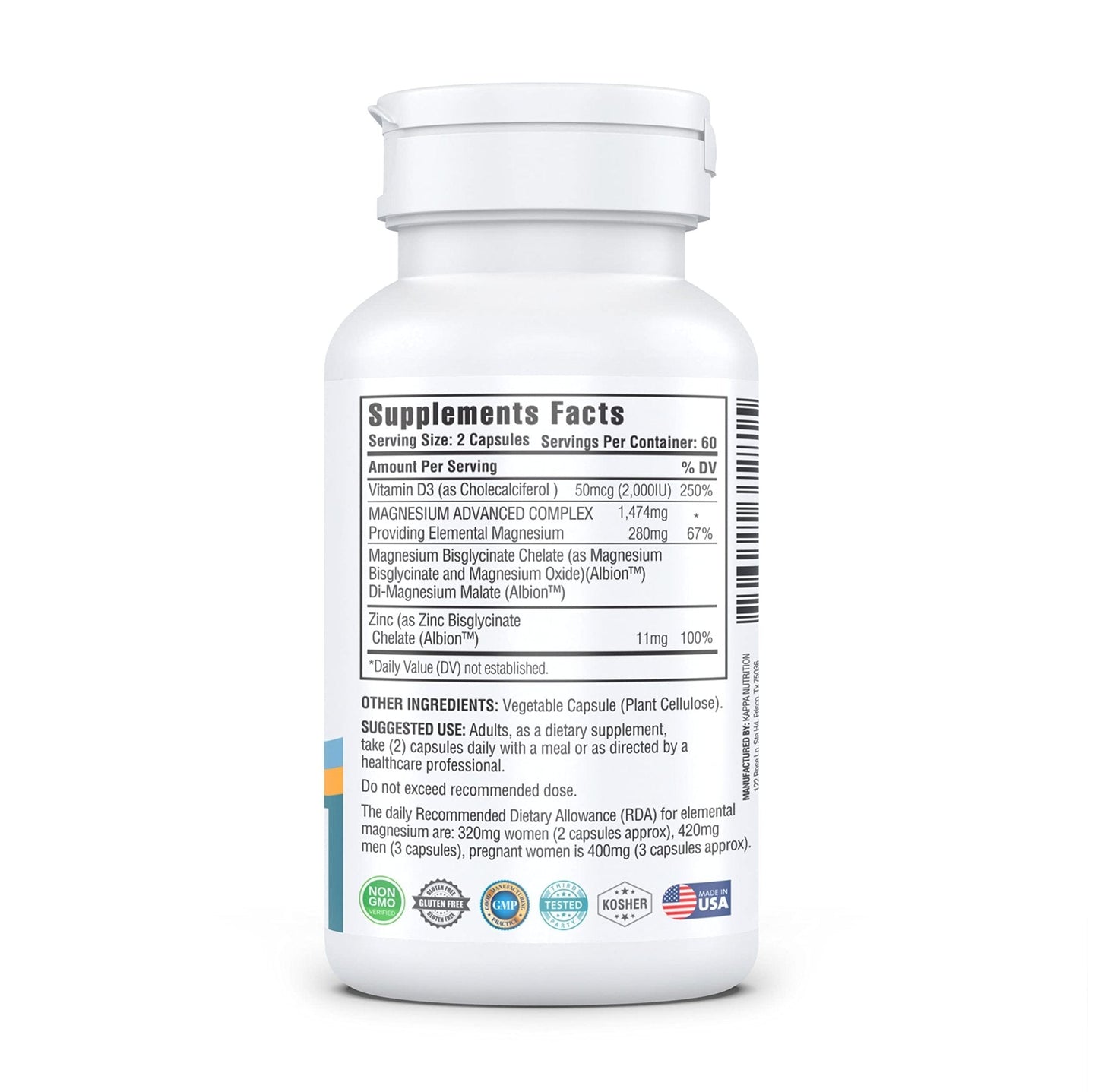 Kappa Nutrition Magnesium 4-in-1, 280mg Elemental Magnesium (Bisglycinate, Malate) + Zinc & Vitamin D3, Brain, Sleep, Energy, Muscle, Immune Support, 120 Vegan Capsules. - Maple Wellness Supplements