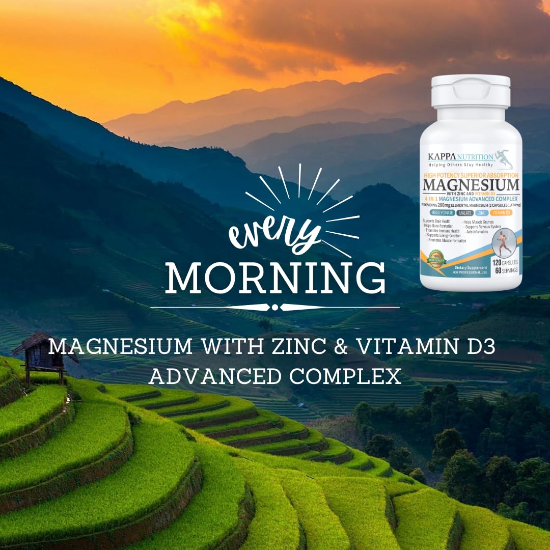 Kappa Nutrition Magnesium 4-in-1, 280mg Elemental Magnesium (Bisglycinate, Malate) + Zinc & Vitamin D3, Brain, Sleep, Energy, Muscle, Immune Support, 120 Vegan Capsules. - Maple Wellness Supplements