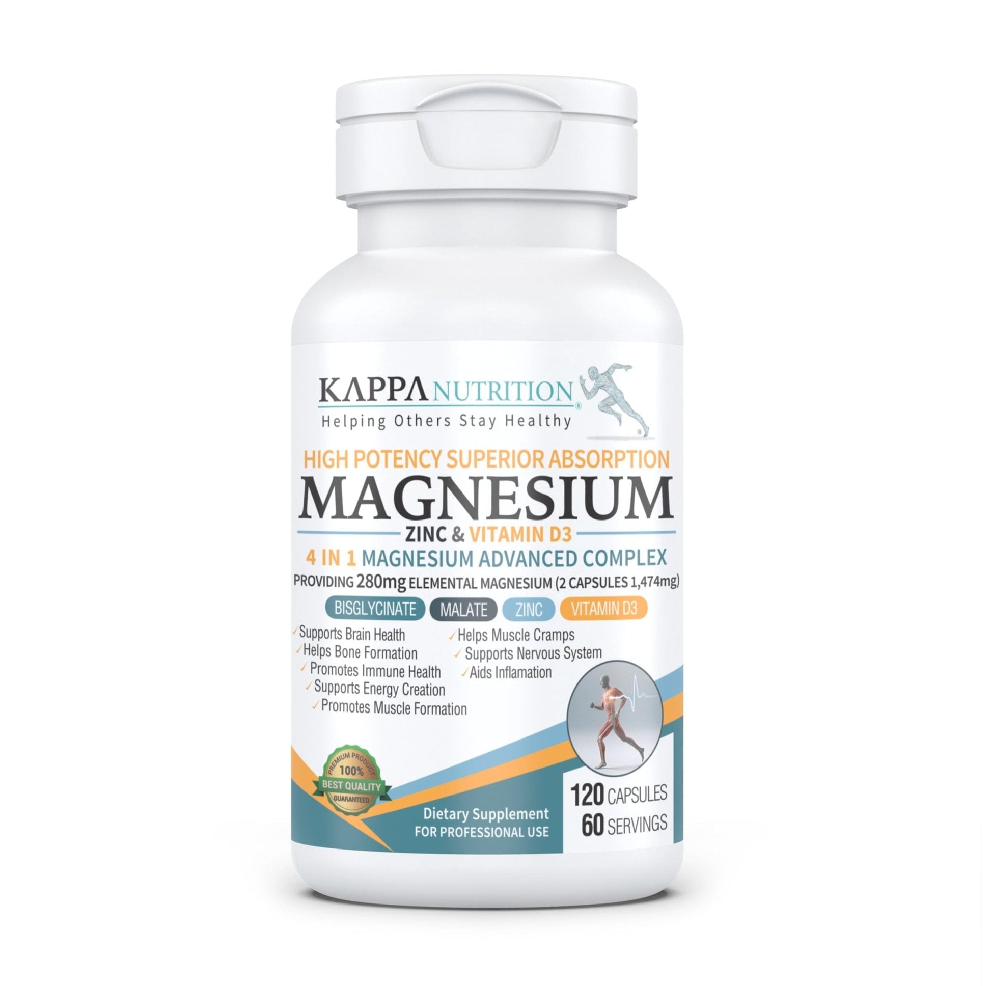 Kappa Nutrition Magnesium 4-in-1, 280mg Elemental Magnesium (Bisglycinate, Malate) + Zinc & Vitamin D3, Brain, Sleep, Energy, Muscle, Immune Support, 120 Vegan Capsules. - Maple Wellness Supplements