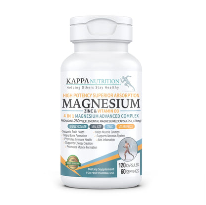Kappa Nutrition Magnesium 4-in-1, 280mg Elemental Magnesium (Bisglycinate, Malate) + Zinc & Vitamin D3, Brain, Sleep, Energy, Muscle, Immune Support, 120 Vegan Capsules. - Maple Wellness Supplements