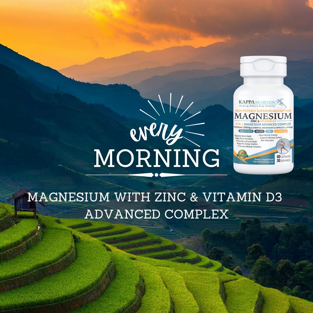 Kappa Nutrition Magnesium 4-in-1, 280mg Elemental Magnesium (Bisglycinate, Malate) + Zinc & Vitamin D3, Brain, Sleep, Energy, Muscle, Immune Support, 60 Vegan Capsules. - Maple Wellness Supplements