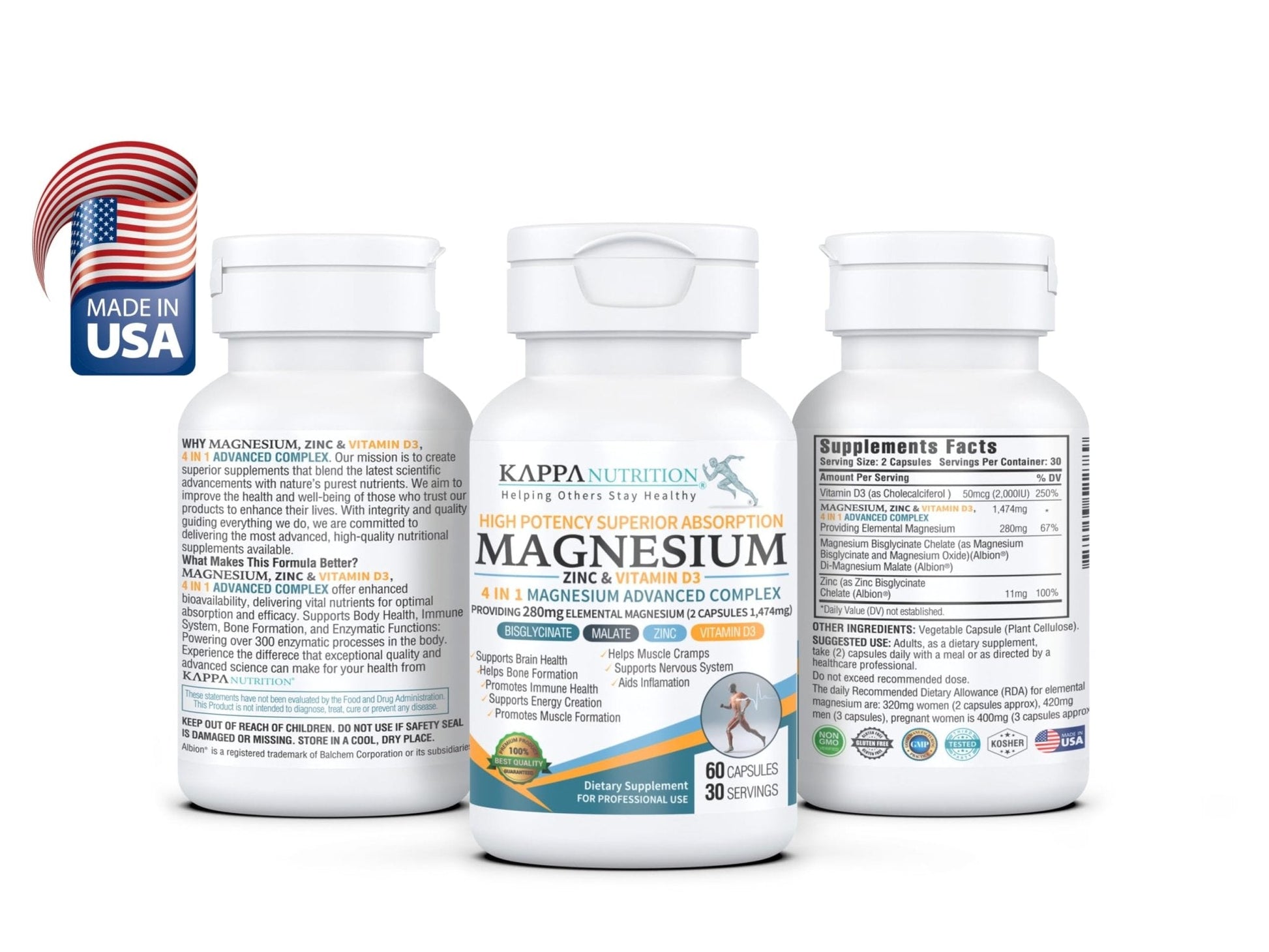 Kappa Nutrition Magnesium 4-in-1, 280mg Elemental Magnesium (Bisglycinate, Malate) + Zinc & Vitamin D3, Brain, Sleep, Energy, Muscle, Immune Support, 60 Vegan Capsules. - Maple Wellness Supplements