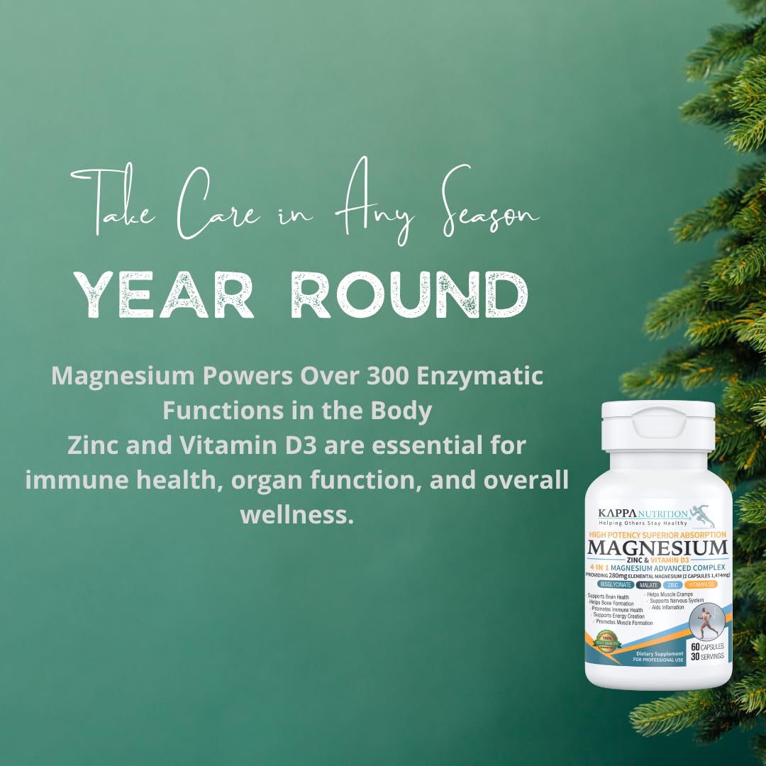 Kappa Nutrition Magnesium 4-in-1, 280mg Elemental Magnesium (Bisglycinate, Malate) + Zinc & Vitamin D3, Brain, Sleep, Energy, Muscle, Immune Support, 60 Vegan Capsules. - Maple Wellness Supplements