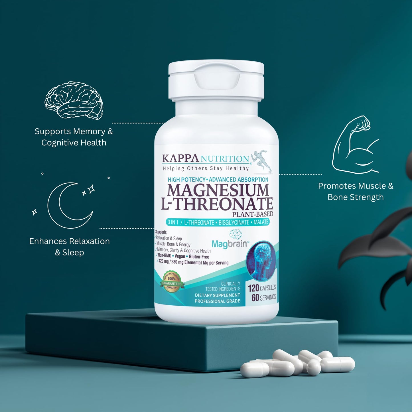 Kappa Nutrition Powered by Magbrain™ Magnesium L-Threonate Plant-Based, 420mg Elemental Magnesium (3 Capsules) from 2,253mg, 120 Vegan Capsules, Brain, Sleep & Muscle Support. - Maple Wellness Supplements
