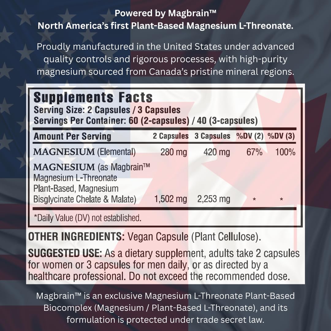 Kappa Nutrition Powered by Magbrain™ Magnesium L-Threonate Plant-Based, 420mg Elemental Magnesium (3 Capsules) from 2,253mg, 120 Vegan Capsules, Brain, Sleep & Muscle Support. - Maple Wellness Supplements