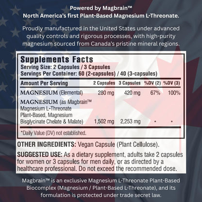 Kappa Nutrition Powered by Magbrain™ Magnesium L-Threonate Plant-Based, 420mg Elemental Magnesium (3 Capsules) from 2,253mg, 120 Vegan Capsules, Brain, Sleep & Muscle Support. - Maple Wellness Supplements
