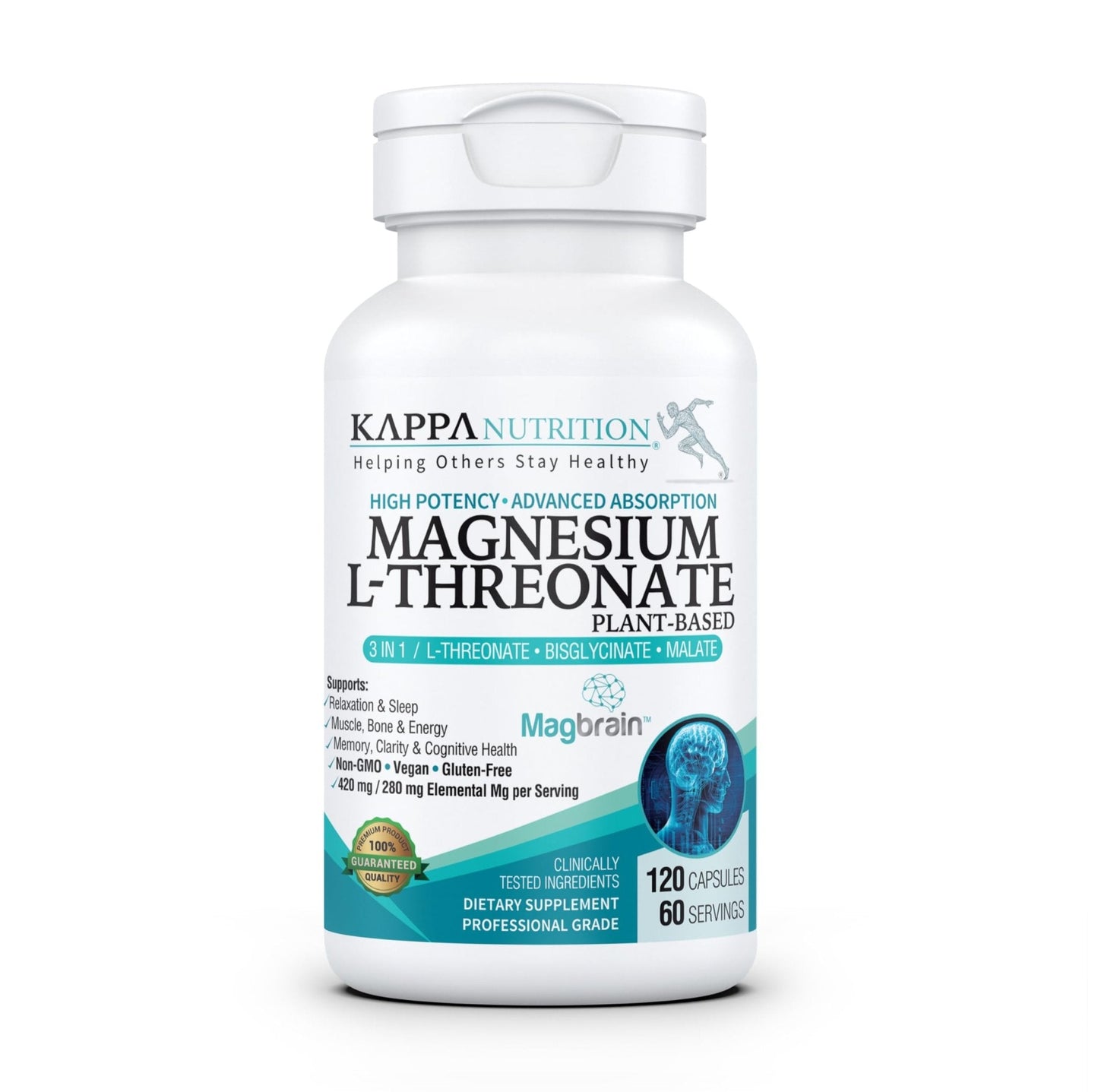 Kappa Nutrition Powered by Magbrain™ Magnesium L-Threonate Plant-Based, 420mg Elemental Magnesium (3 Capsules) from 2,253mg, 120 Vegan Capsules, Brain, Sleep & Muscle Support. - Maple Wellness Supplements