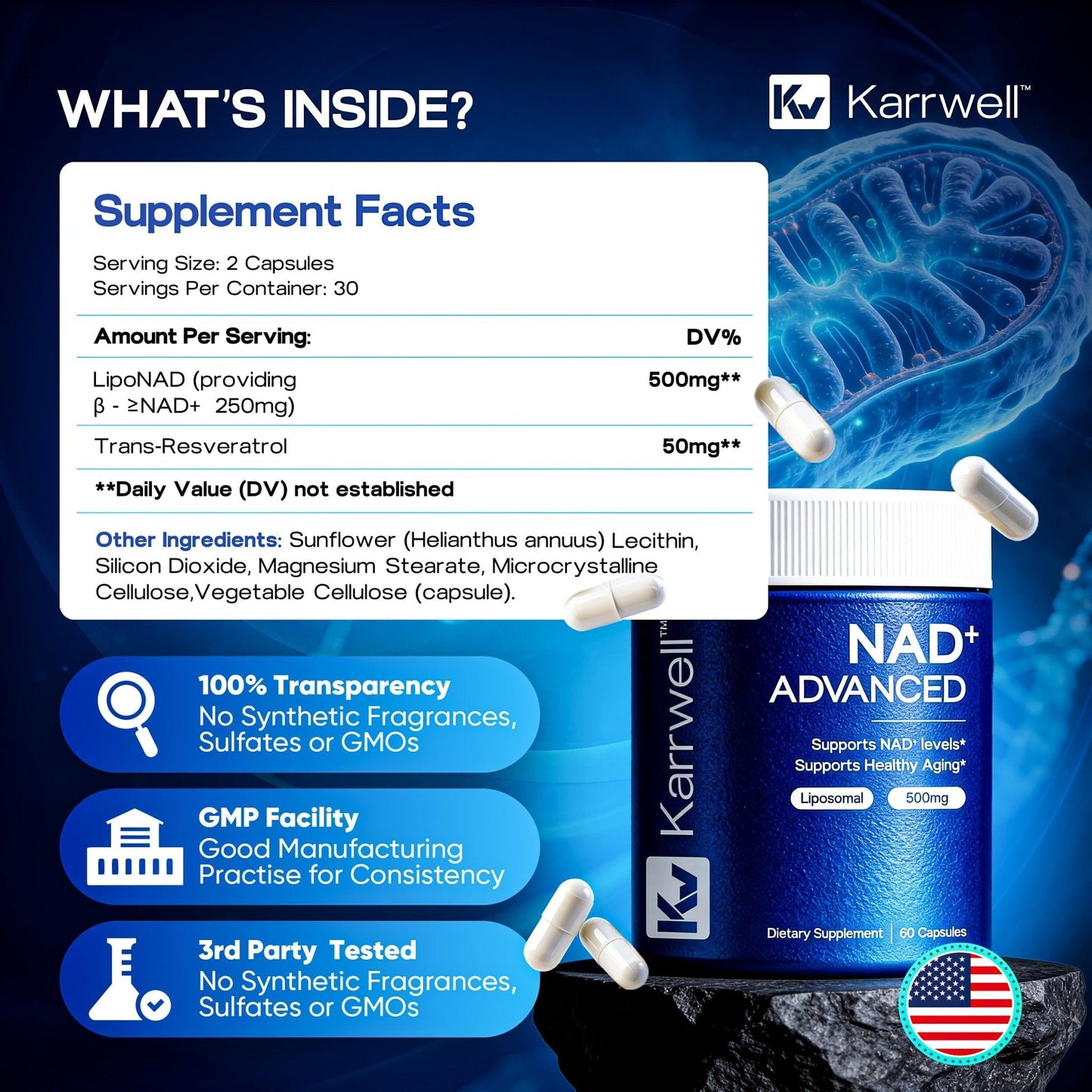 Karrwell NAD+ Advanced 500MG Liposomal NAD+ with Resveratrol - NAD Supplement for Men & Women - NMN Alternative for Cellular Energy & Healthy Aging - 60 Capsules, 30 Day Supply - Maple Wellness Supplements