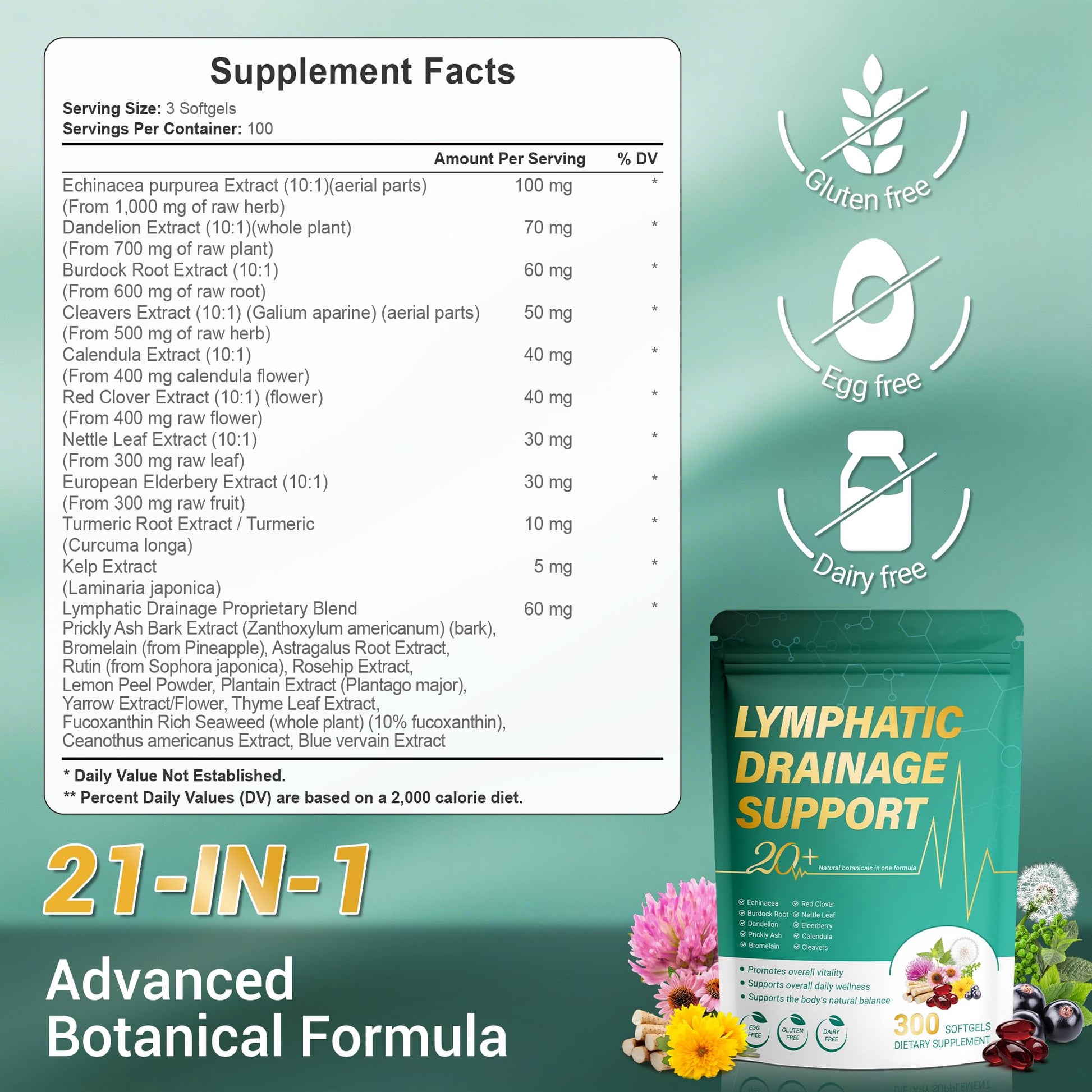 Kaseano Lymphatic Drainage Supplement 300 Softgels 21-in-1 Herbal Blend with Echinacea, Dandelion, Burdock Root Lymph System Support Fluid Balance & Immune System for Women & Men - Maple Wellness Supplements