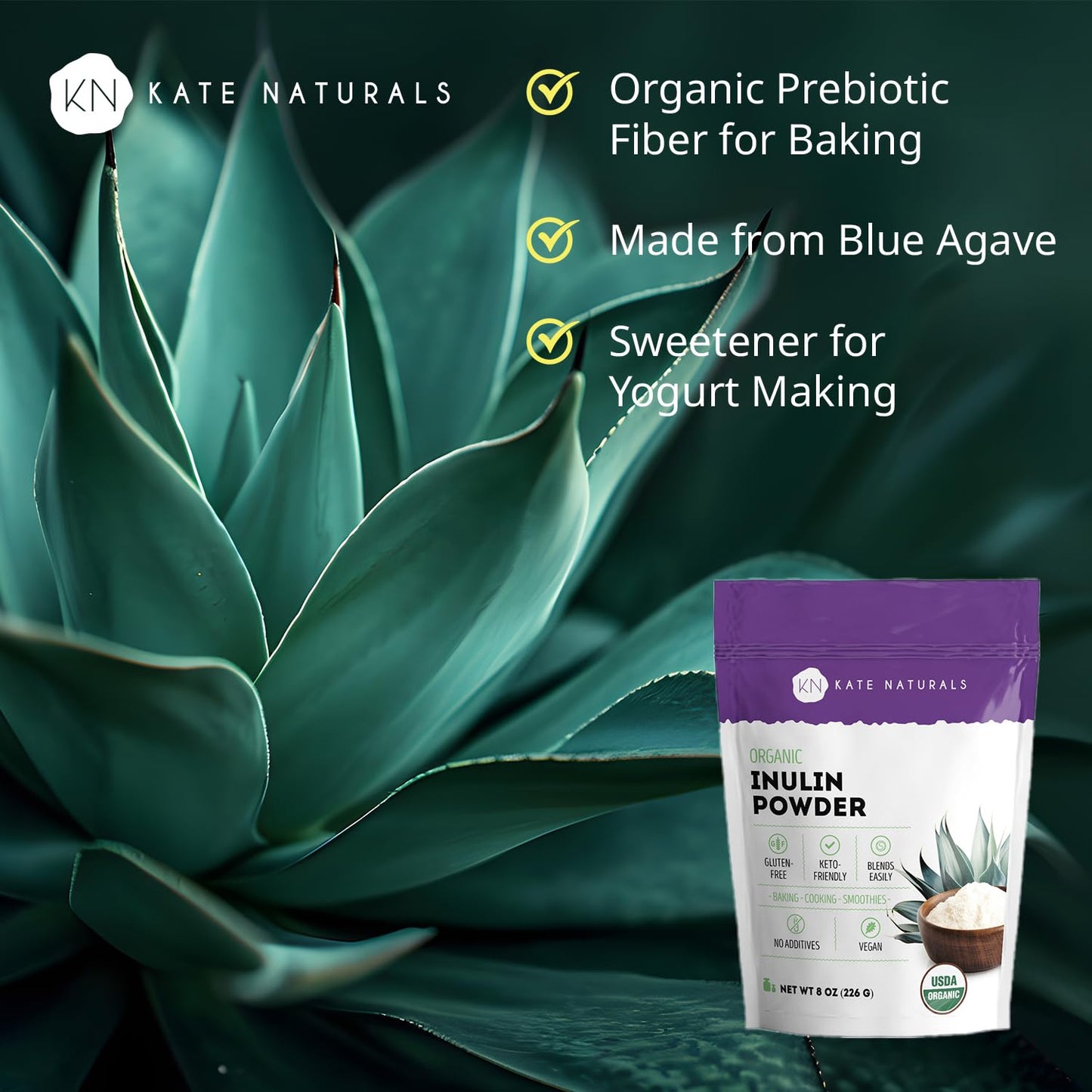 Kate Naturals Inulin Powder Organic from Blue Agave (8oz) Soluble Prebiotic Fiber for Coffee, Yogurt & Smoothies - Maple Wellness Supplements