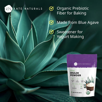 Kate Naturals Inulin Powder Organic from Blue Agave (8oz) Soluble Prebiotic Fiber for Coffee, Yogurt & Smoothies - Maple Wellness Supplements