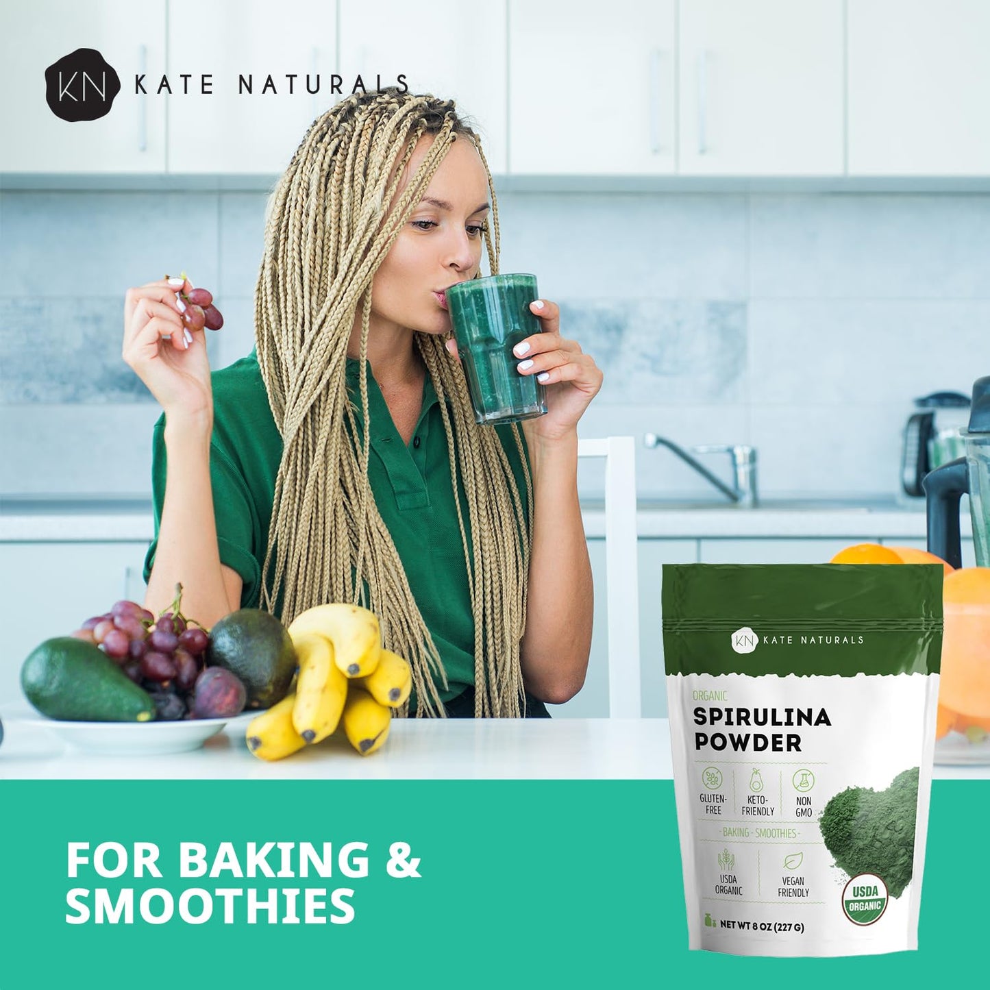 Kate Naturals Organic Spirulina Powder for Immune Support and Antioxidants. Nutrient Dense Superfood Supplement - Maple Wellness Supplements