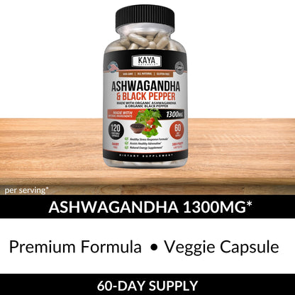 Kaya Naturals Ashwagandha 1300mg, 120 Count Capsules for Stress Relief, Adrenal, Mood & Thyroid Support, Black Pepper and 100% Pure Ashwagandha -120 Capsules - Maple Wellness Supplements