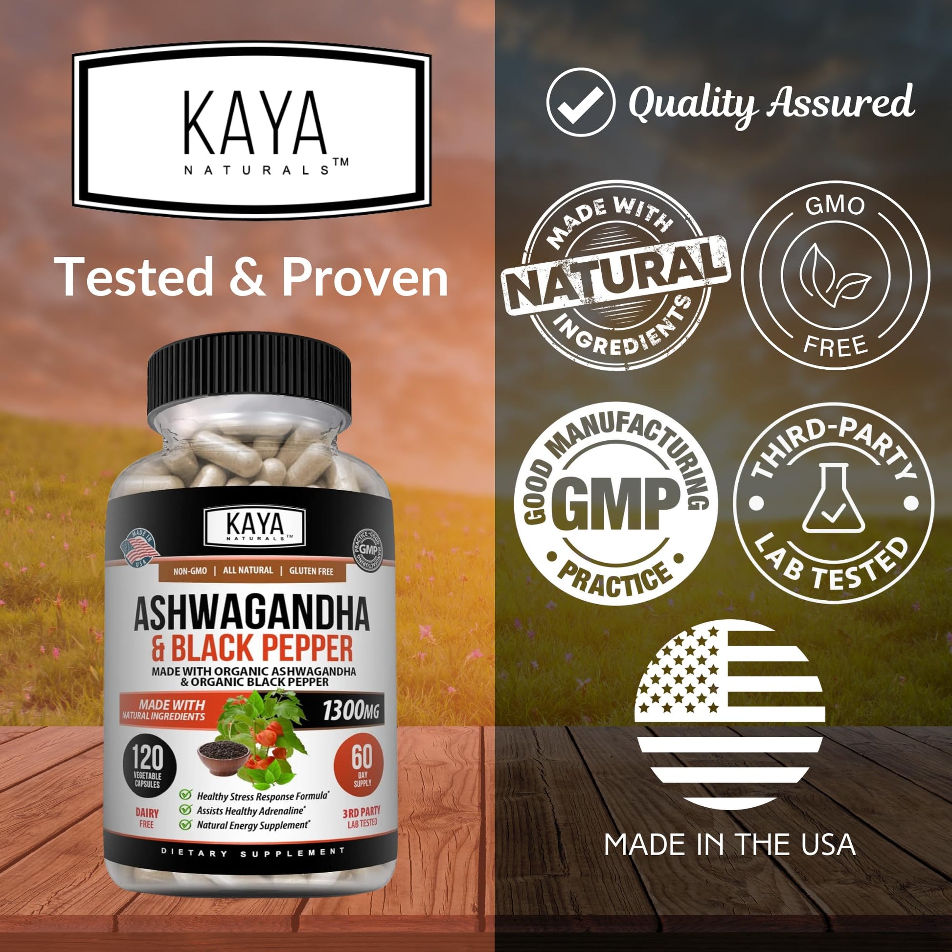 Kaya Naturals Ashwagandha 1300mg, 120 Count Capsules for Stress Relief, Adrenal, Mood & Thyroid Support, Black Pepper and 100% Pure Ashwagandha -120 Capsules - Maple Wellness Supplements