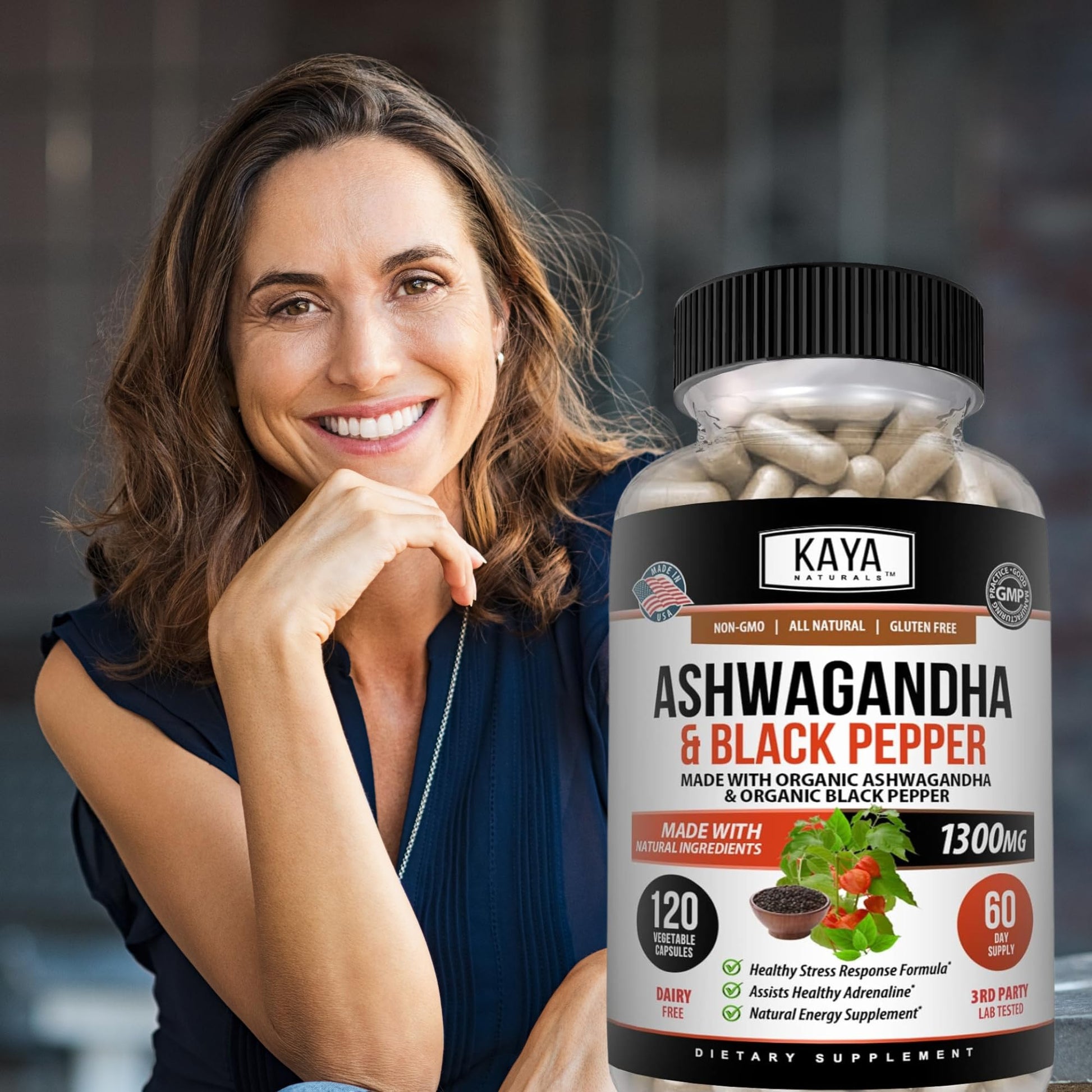 Kaya Naturals Ashwagandha 1300mg, 120 Count Capsules for Stress Relief, Adrenal, Mood & Thyroid Support, Black Pepper and 100% Pure Ashwagandha -120 Capsules - Maple Wellness Supplements