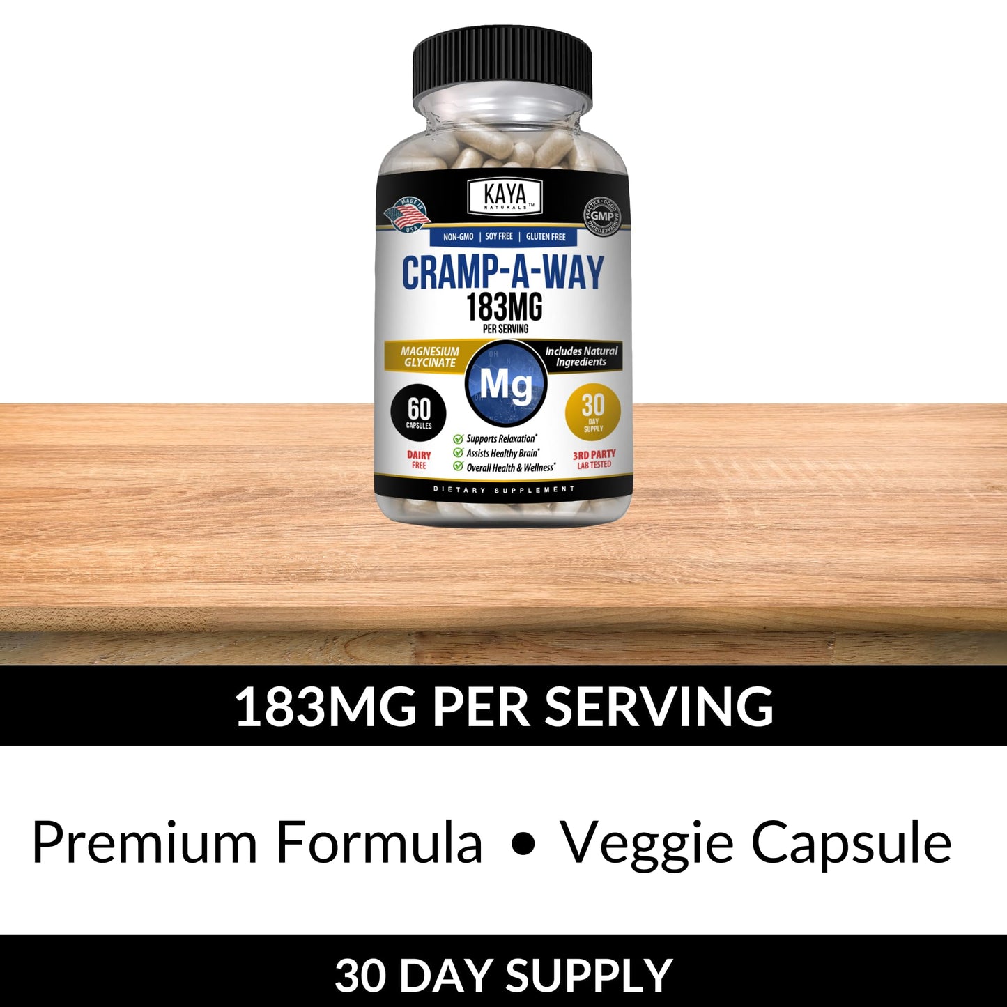 Kaya Naturals Cramp-A-Way Magnesium Glycinate 183mg (60 Count (Pack of 1) - Maple Wellness Supplements