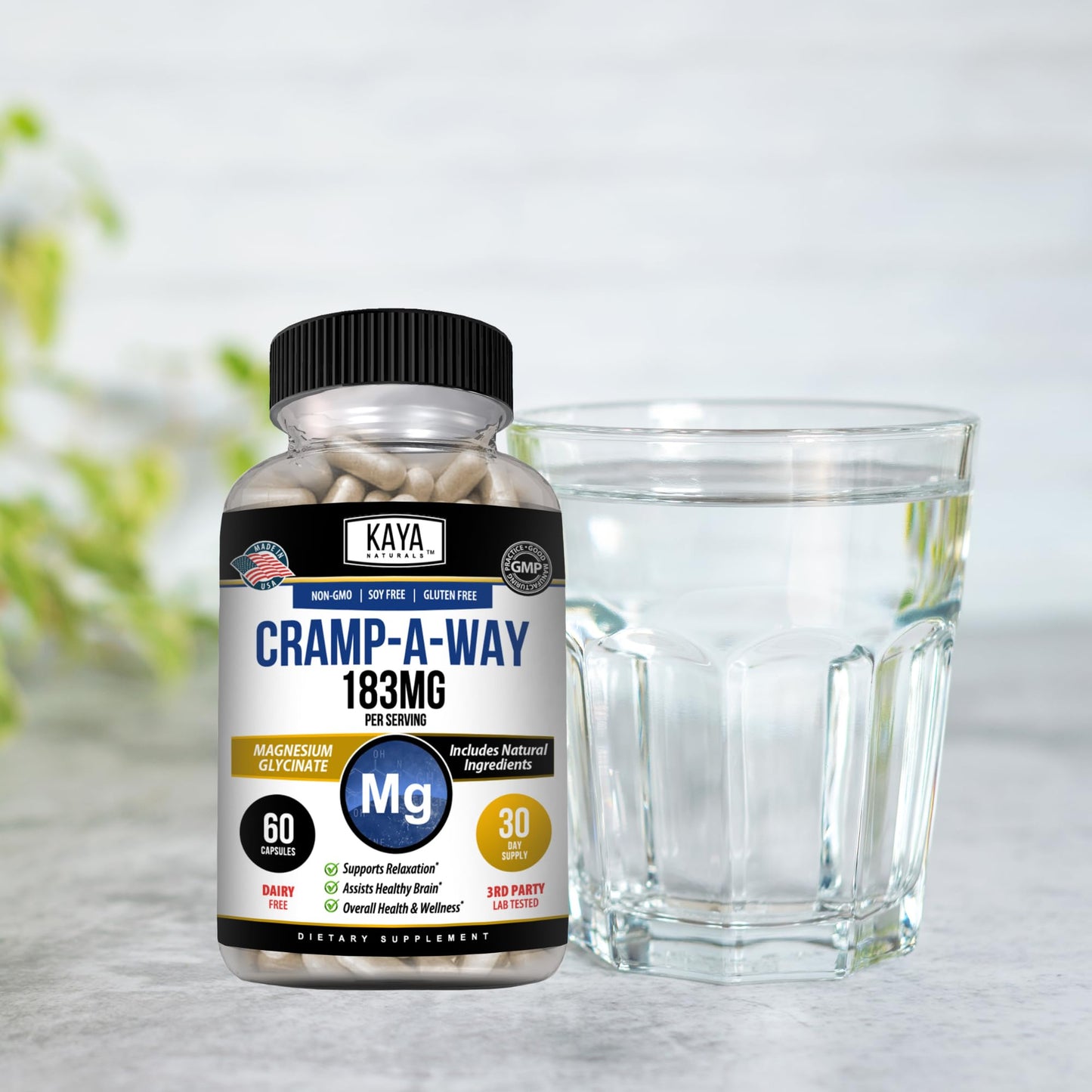 Kaya Naturals Cramp-A-Way Magnesium Glycinate 183mg (60 Count (Pack of 1) - Maple Wellness Supplements
