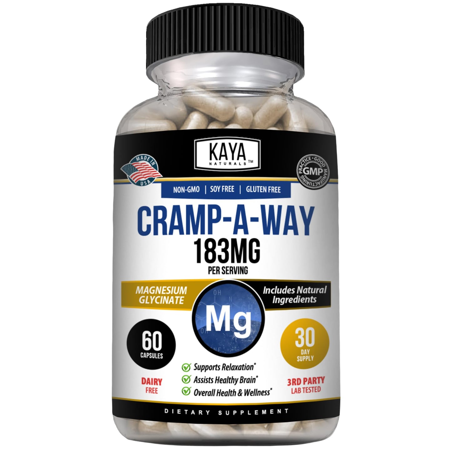 Kaya Naturals Cramp-A-Way Magnesium Glycinate 183mg (60 Count (Pack of 1) - Maple Wellness Supplements