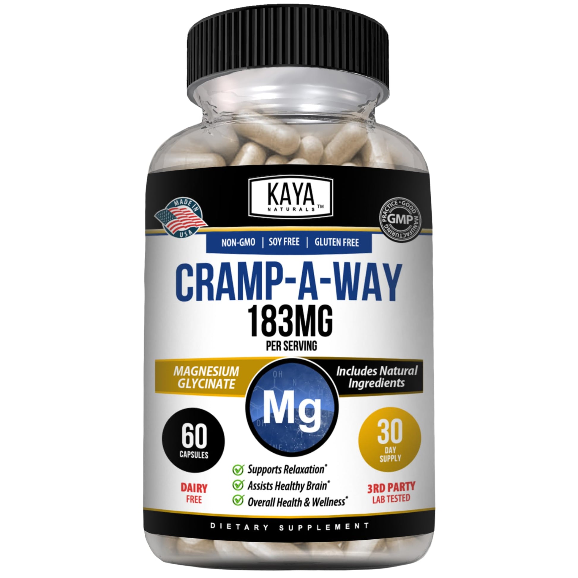 Kaya Naturals Cramp-A-Way Magnesium Glycinate 183mg (60 Count (Pack of 1) - Maple Wellness Supplements