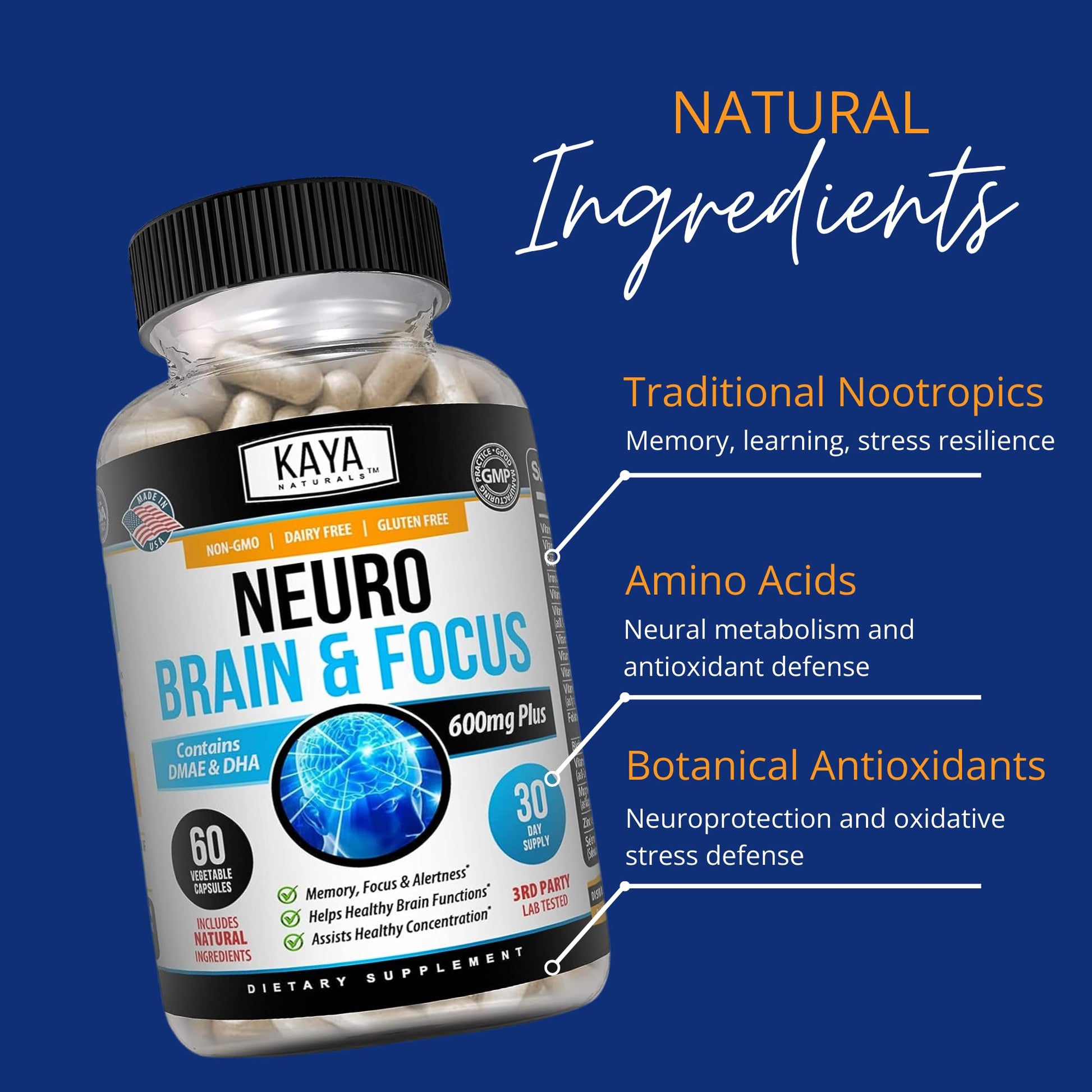 Kaya Naturals - Neuro Brain for Memory & Focus - Nootropic Energy Capsule - Nootropic Brain Support Supplement - Focus & Concentration & Learning Accuracy - Cognitive Function - 60 Count - Maple Wellness Supplements