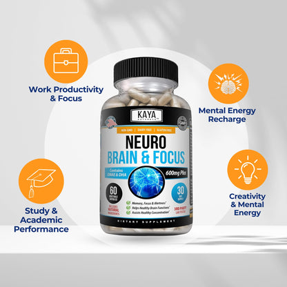 Kaya Naturals - Neuro Brain for Memory & Focus - Nootropic Energy Capsule - Nootropic Brain Support Supplement - Focus & Concentration & Learning Accuracy - Cognitive Function - 60 Count - Maple Wellness Supplements