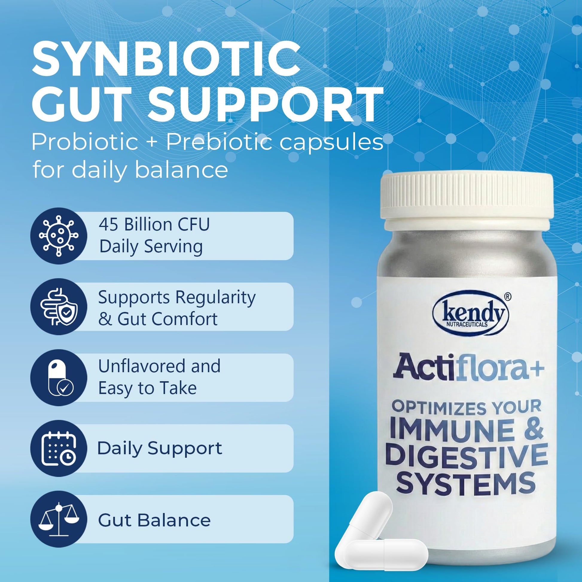 Kendy Actiflora Probiotic + Prebiotic & Synbiotic Capsules – Advanced Formula w/L. bulgaricus for Digestive Health & Gut Balance – 45-Billion CFU Daily Supplement - Maple Wellness Supplements