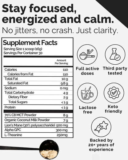 Keto Brainz C8MCT Based Nootropic - with 500mg Lion's Mane Mushroom, AlphaGPC & L-Theanine This is The Ultimate Easy to use nootropic Stack & Makes Delicious Mushroom Coffee! 16oz. 30 Servings - Maple Wellness Supplements