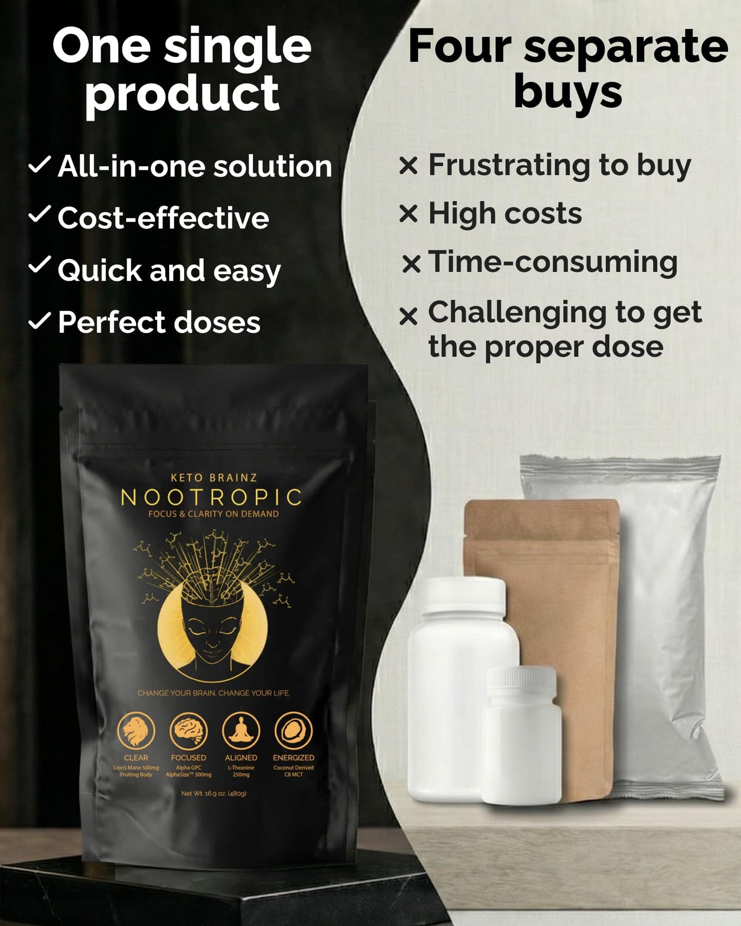 Keto Brainz C8MCT Based Nootropic - with 500mg Lion's Mane Mushroom, AlphaGPC & L-Theanine This is The Ultimate Easy to use nootropic Stack & Makes Delicious Mushroom Coffee! 16oz. 30 Servings - Maple Wellness Supplements