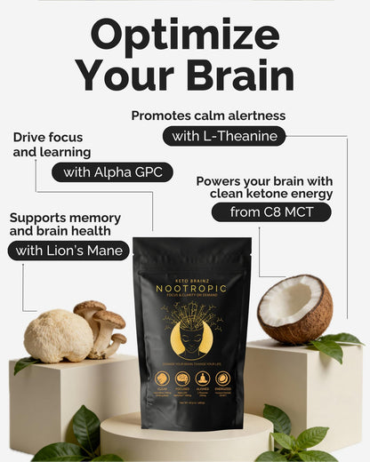 Keto Brainz C8MCT Based Nootropic - with 500mg Lion's Mane Mushroom, AlphaGPC & L-Theanine This is The Ultimate Easy to use nootropic Stack & Makes Delicious Mushroom Coffee! 16oz. 30 Servings - Maple Wellness Supplements