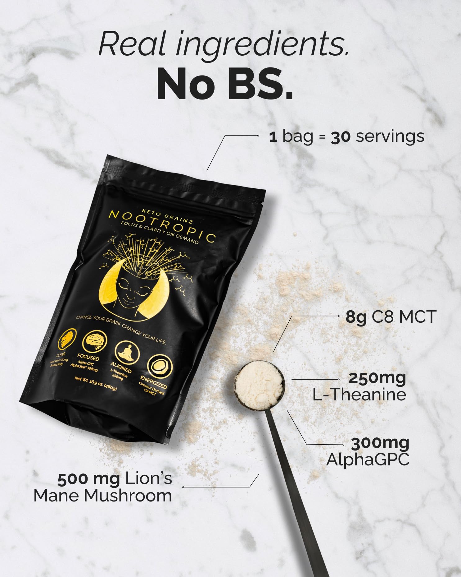 Keto Brainz C8MCT Based Nootropic - with 500mg Lion's Mane Mushroom, AlphaGPC & L-Theanine This is The Ultimate Easy to use nootropic Stack & Makes Delicious Mushroom Coffee! 16oz. 30 Servings - Maple Wellness Supplements