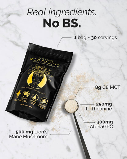 Keto Brainz C8MCT Based Nootropic - with 500mg Lion's Mane Mushroom, AlphaGPC & L-Theanine This is The Ultimate Easy to use nootropic Stack & Makes Delicious Mushroom Coffee! 16oz. 30 Servings - Maple Wellness Supplements