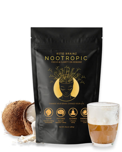 Keto Brainz C8MCT Based Nootropic - with 500mg Lion's Mane Mushroom, AlphaGPC & L-Theanine This is The Ultimate Easy to use nootropic Stack & Makes Delicious Mushroom Coffee! 16oz. 30 Servings - Maple Wellness Supplements