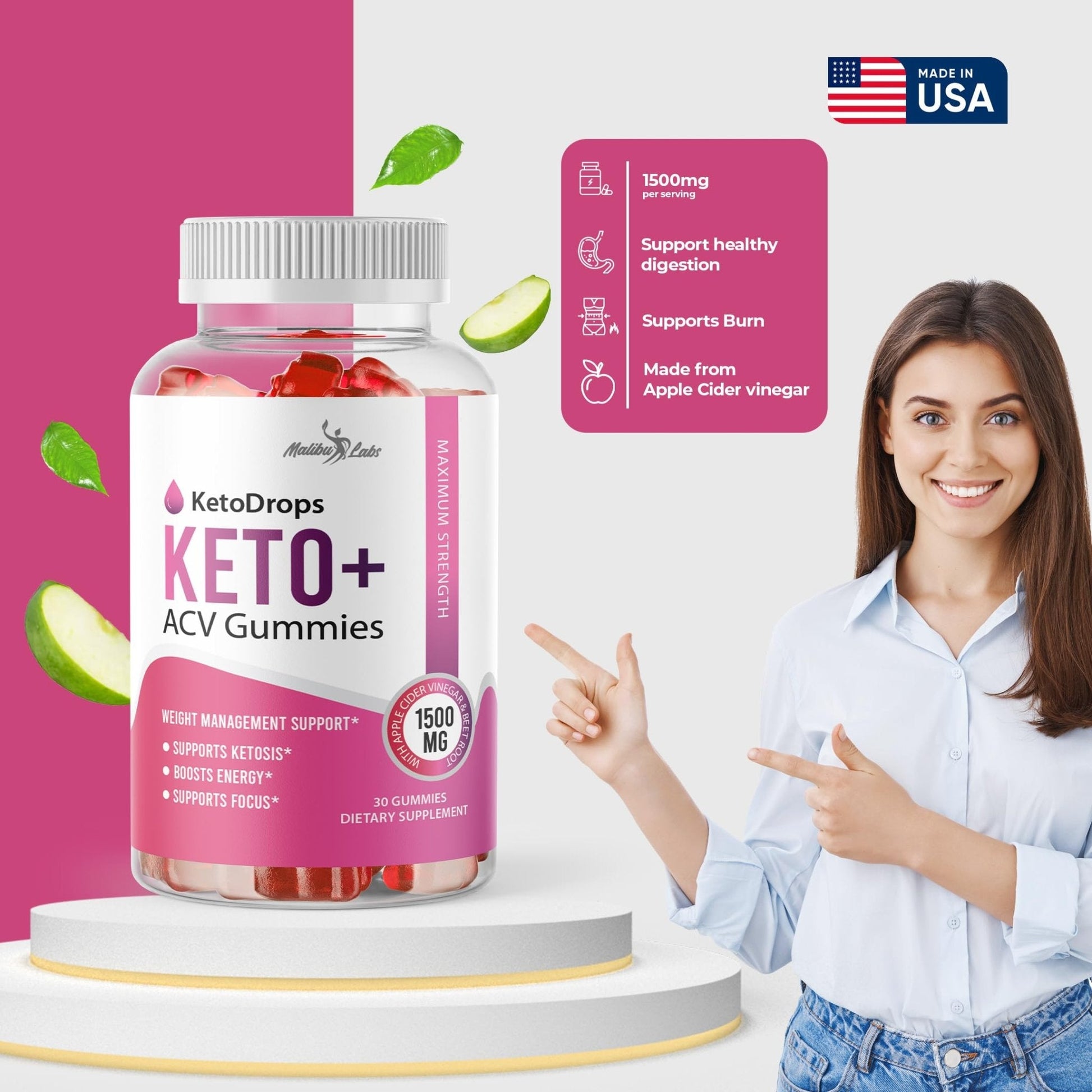 Keto Drops ACV Gummies Weight Loss - 1500mg Once a Day, Strong Time Released - Maple Wellness Supplements