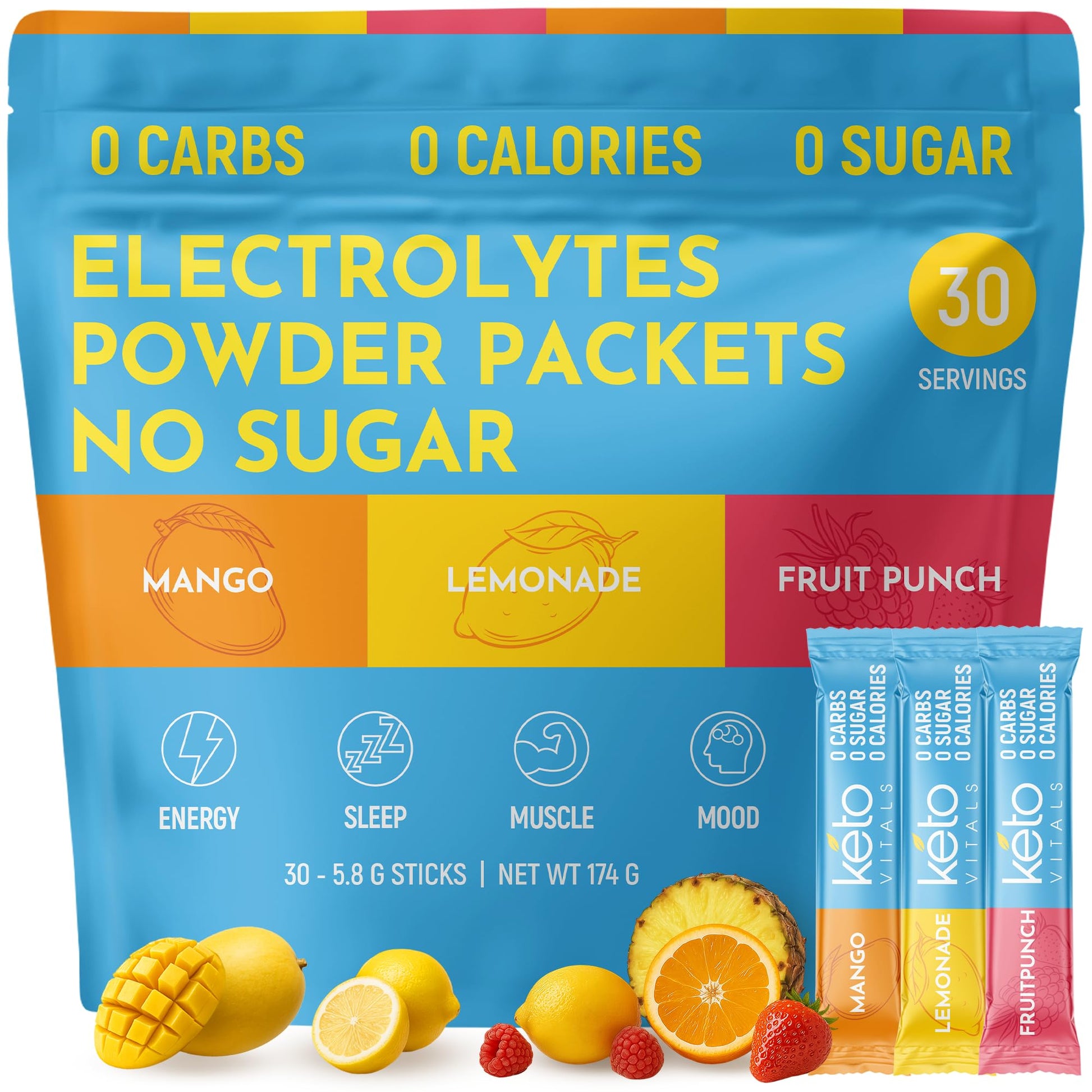 Keto Vitals Original Electrolytes Powder Packets | Keto Friendly Electrolyte Hydration Packs | Sugar Free Electrolytes | Energy Drink Mix | Zero Calorie Zero Carb (Original Assorted, 30 Count) - Maple Wellness Supplements