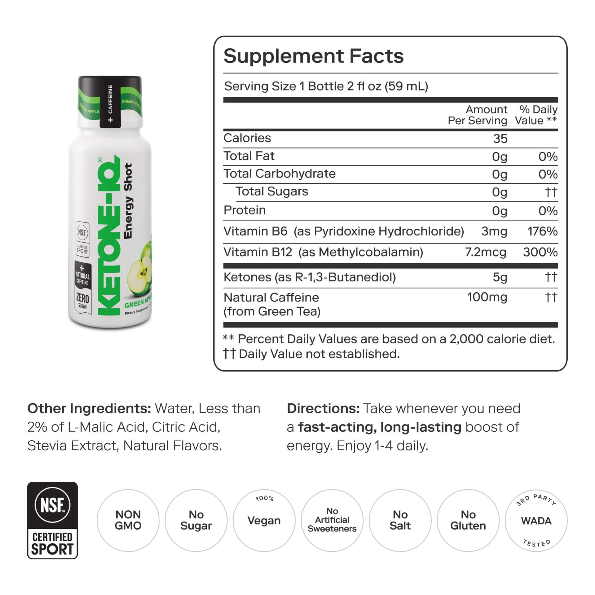 Ketone-IQ Ketone Energy Shots - 100mg Green Tea Caffeine, 5g Exogenous Ketones, and B Vitamins - 24 On The Go Caffeine Shots - Fast Acting Energy Drink (Green Apple) - Maple Wellness Supplements