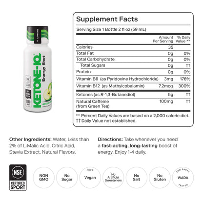 Ketone-IQ Ketone Energy Shots - 100mg Green Tea Caffeine, 5g Exogenous Ketones, and B Vitamins - 24 On The Go Caffeine Shots - Fast Acting Energy Drink (Green Apple) - Maple Wellness Supplements