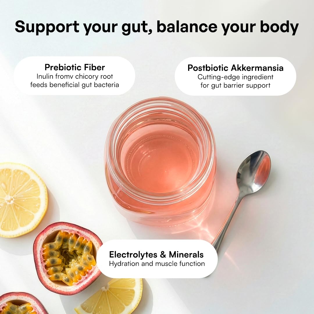 KEY NUTRIENTS Gut Health Hydration – Passionfruit Lemonade, Fiber Supplement with 3g Prebiotic Fiber & Akkermansia Probiotics for Women and Men - Maple Wellness Supplements