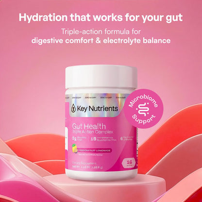 KEY NUTRIENTS Gut Health Hydration – Passionfruit Lemonade, Fiber Supplement with 3g Prebiotic Fiber & Akkermansia Probiotics for Women and Men - Maple Wellness Supplements