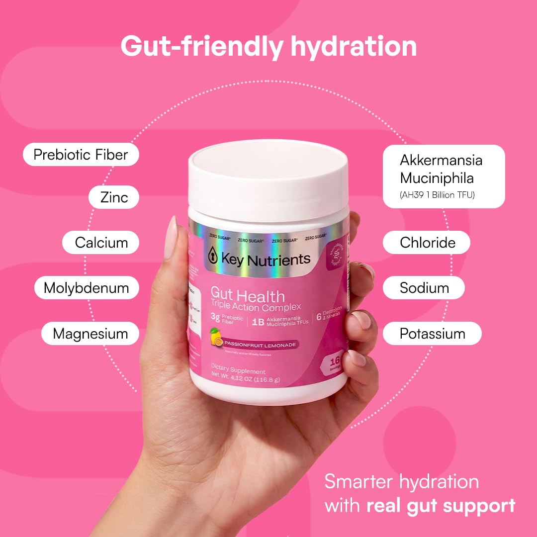 KEY NUTRIENTS Gut Health Hydration – Passionfruit Lemonade, Fiber Supplement with 3g Prebiotic Fiber & Akkermansia Probiotics for Women and Men - Maple Wellness Supplements